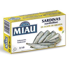 Small Sardines in Sunflower Oil Miau  7/10  85g Tin | Sardinillas en Aceite de Girasol Miau  7/10 - 85 g