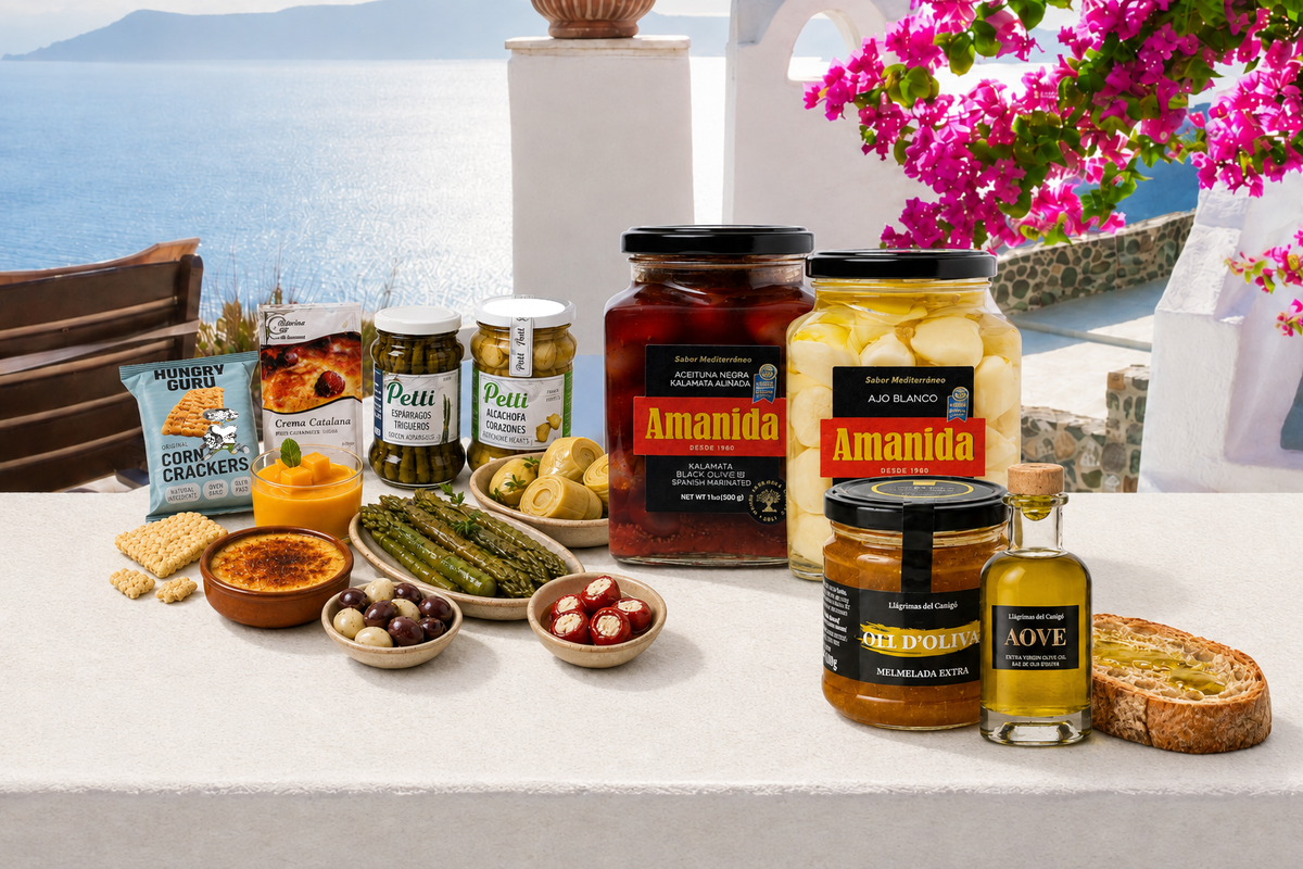 A curated assortment of Mediterranean food products