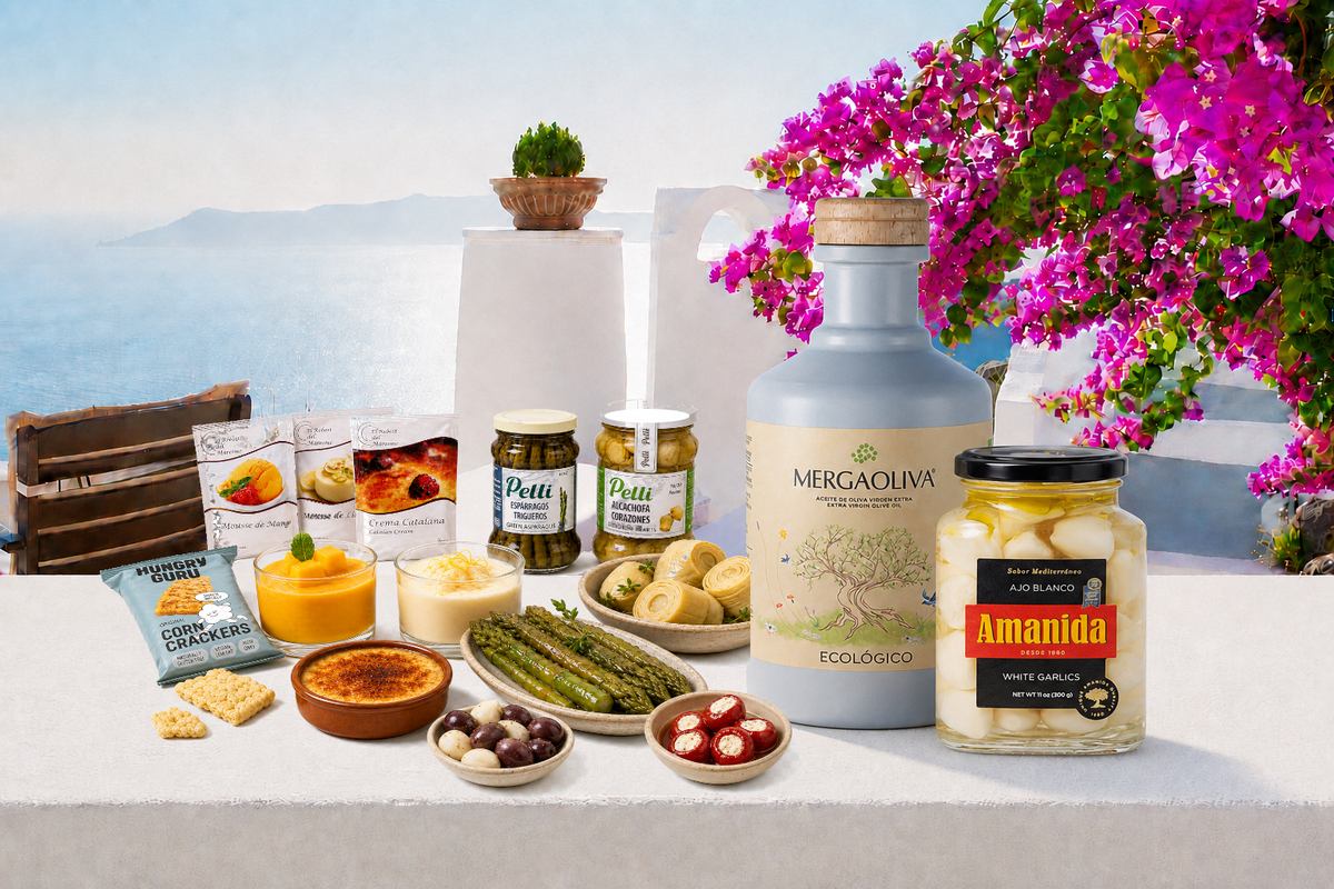 A curated assortment of Mediterranean food products