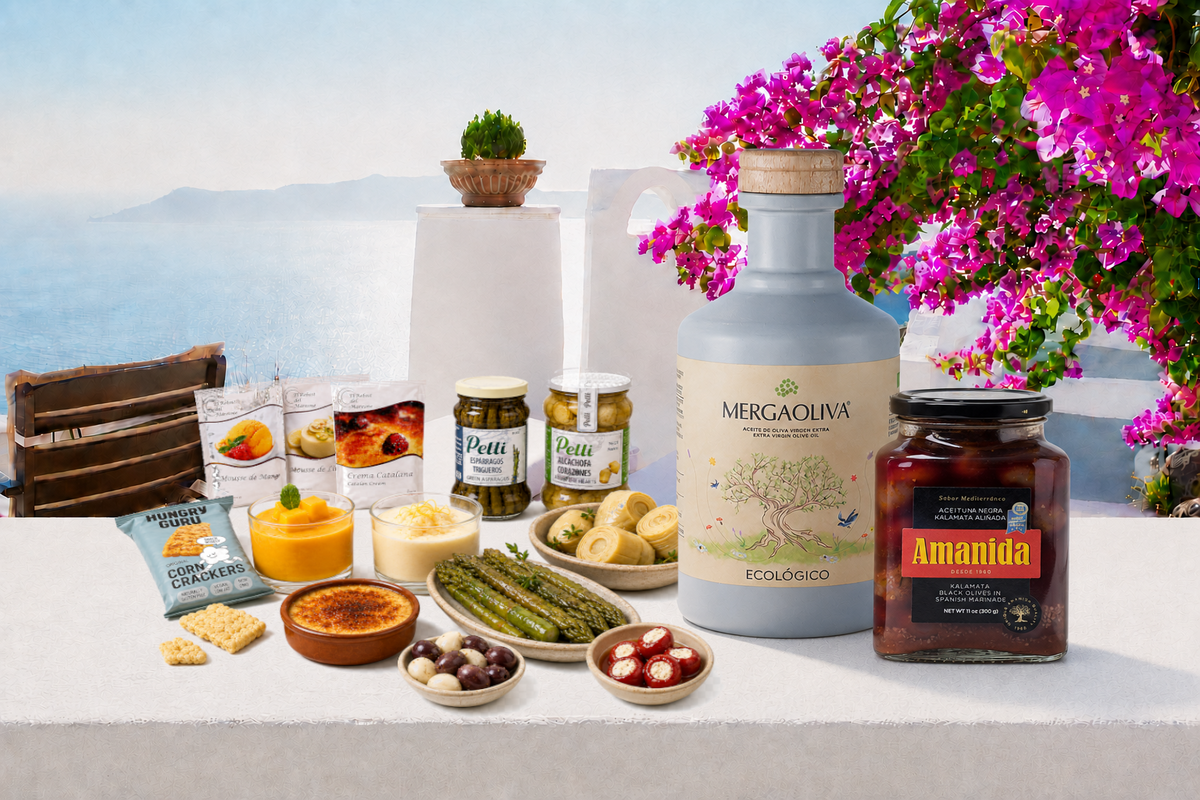 A curated assortment of Mediterranean food products