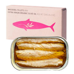 Mackerel Fillets in Organic Extra Virgin Olive Oil 120g Tin | Filetes de Caballa en EVOO Ecologico. 120 g