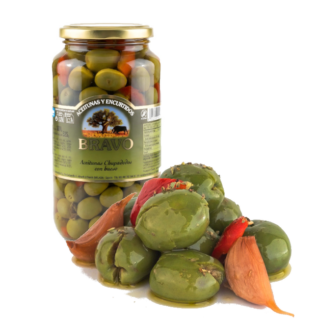 Marinated Green Olives Chupadedos  525g Glass Jar
