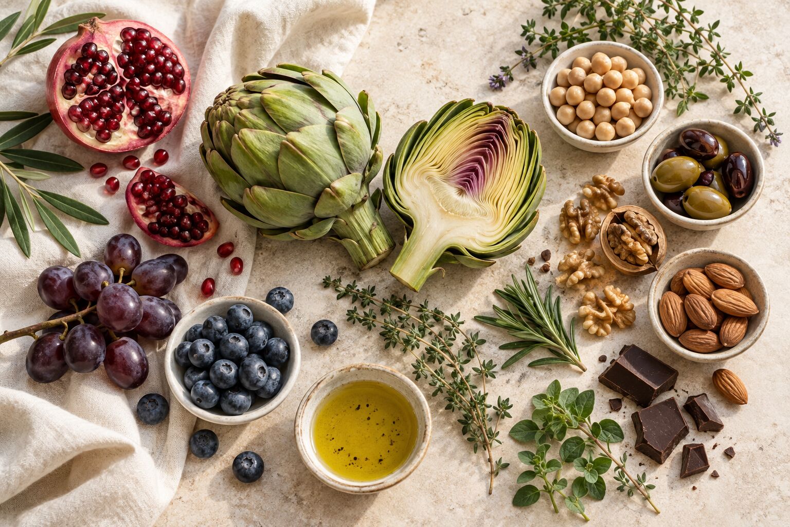 Artichokes surrounded by colourful foods naturally rich in polyphenols