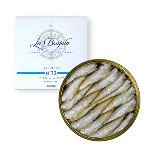 Small Sardines in Olive Oil 20/25Pcs La Brujula 110g Tin | Sardinillas en Aceite de Oliva 20/25 Uds La Brujula 110g