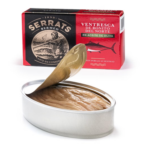 White Tuna Belly in Olive Oil Serrats 115g Tin | Ventresca de Bonito en Aceite de Oliva Serrats 115g